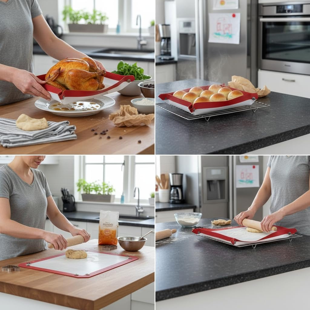 Locking Dials Silicone Fiber Baking Mat to Prevent Leaks, Nonstick Reusable Heat Resistant Baking Sheet Corners Snap Together to Form Leakproof Oven Liner